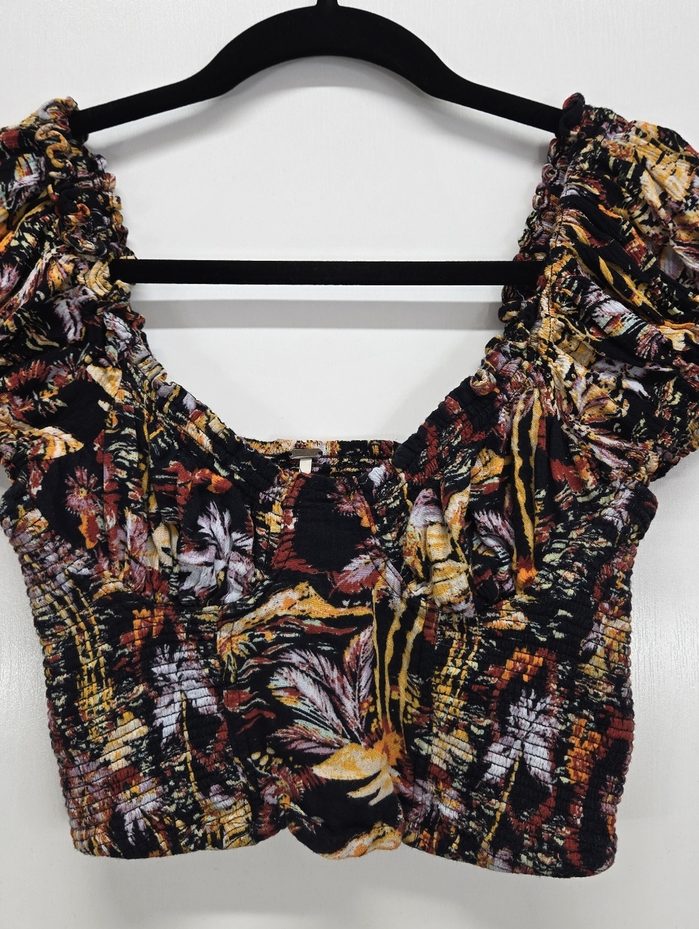 Freeâ People Floral Crop Smocked Bodice Top Puff Sleeve Tropical Bustier XS